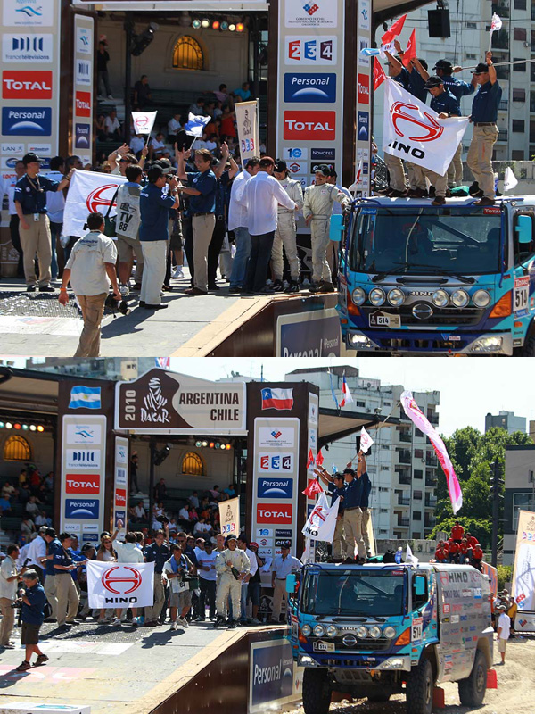 Sugawara and Suzuki receiving the trophy. / Teruhito Sugawara dousing the winner's champagne at the podium to celebrate their victory.