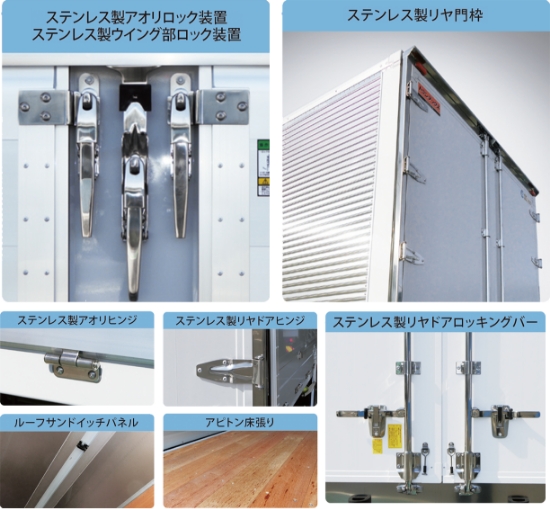 ステンレス製アオリロック装置 ステンレス製ウイング部ロック装置 ステンレス製リヤ門枠 ステンレス製アオリヒンジ ステンレス製リヤドアヒンジ ルーフサンドイッチパネル アピトン床張り ステンレス製リヤドアロッキングバー