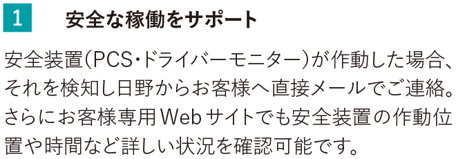 安全装置(PCS・ドライバーモニター)が作動した場合、それを検知し、日野からお客様へ直接メールでご連絡